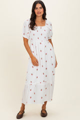 Ivory Embroidered Smocked Maternity Midi Dress