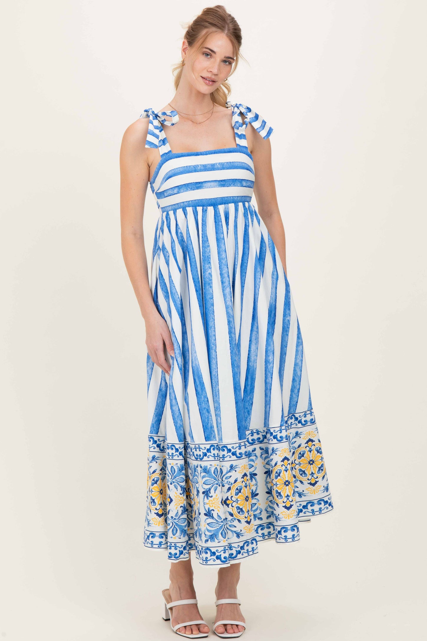 Blue Striped Shoulder Tie Printed Hem Maternity Midi Dress
