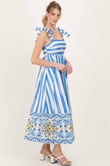 Blue Striped Shoulder Tie Printed Hem Midi Dress
