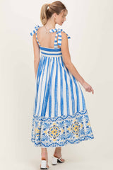 Blue Striped Shoulder Tie Printed Hem Midi Dress
