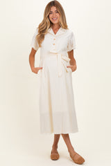 Beige Button Down Frayed Maternity Midi Dress