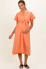 Salmon Button Down Frayed Maternity Midi Dress