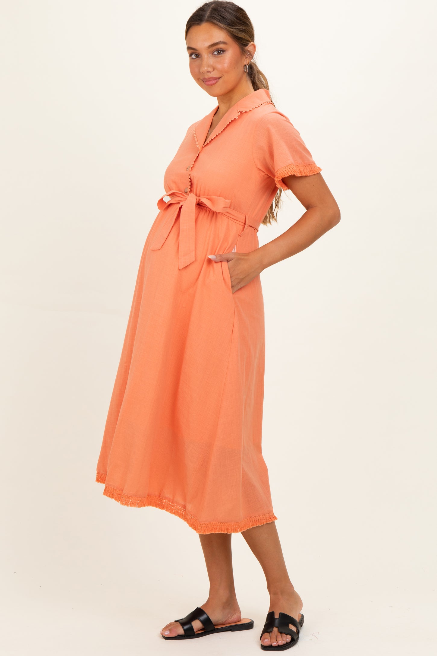 Salmon Button Down Frayed Maternity Midi Dress