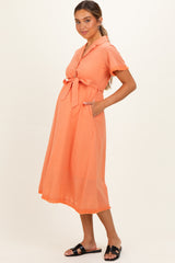Salmon Button Down Frayed Maternity Midi Dress