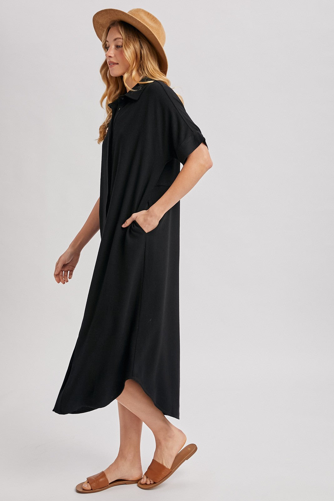Black Button Down Midi Shirt Dress