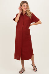 Brick Button Down Maternity Midi Shirt Dress