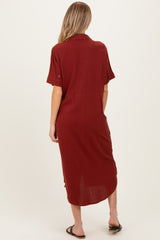 Brick Button Down Maternity Midi Shirt Dress