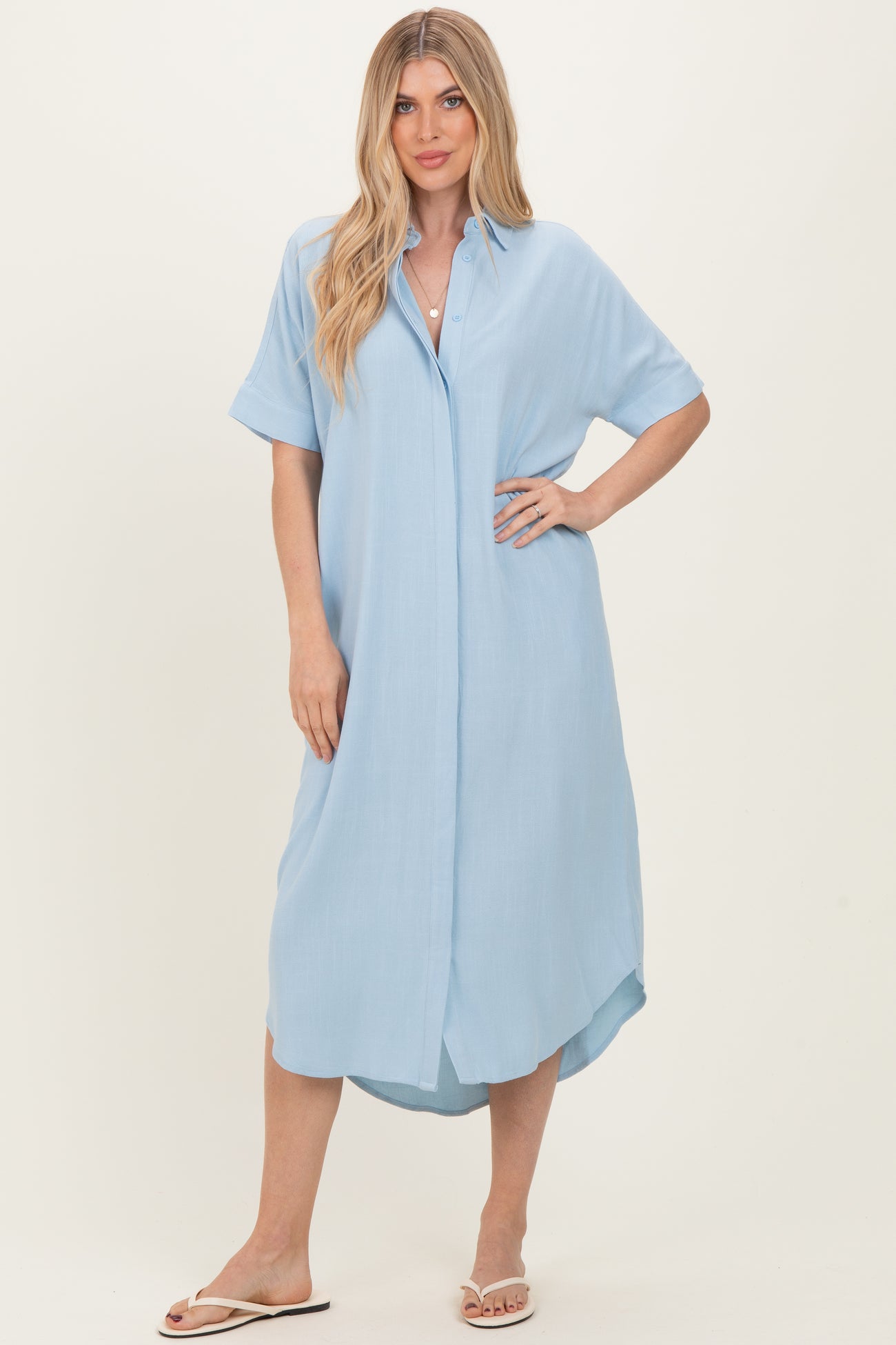 Light Blue Button Down Midi Shirt Dress