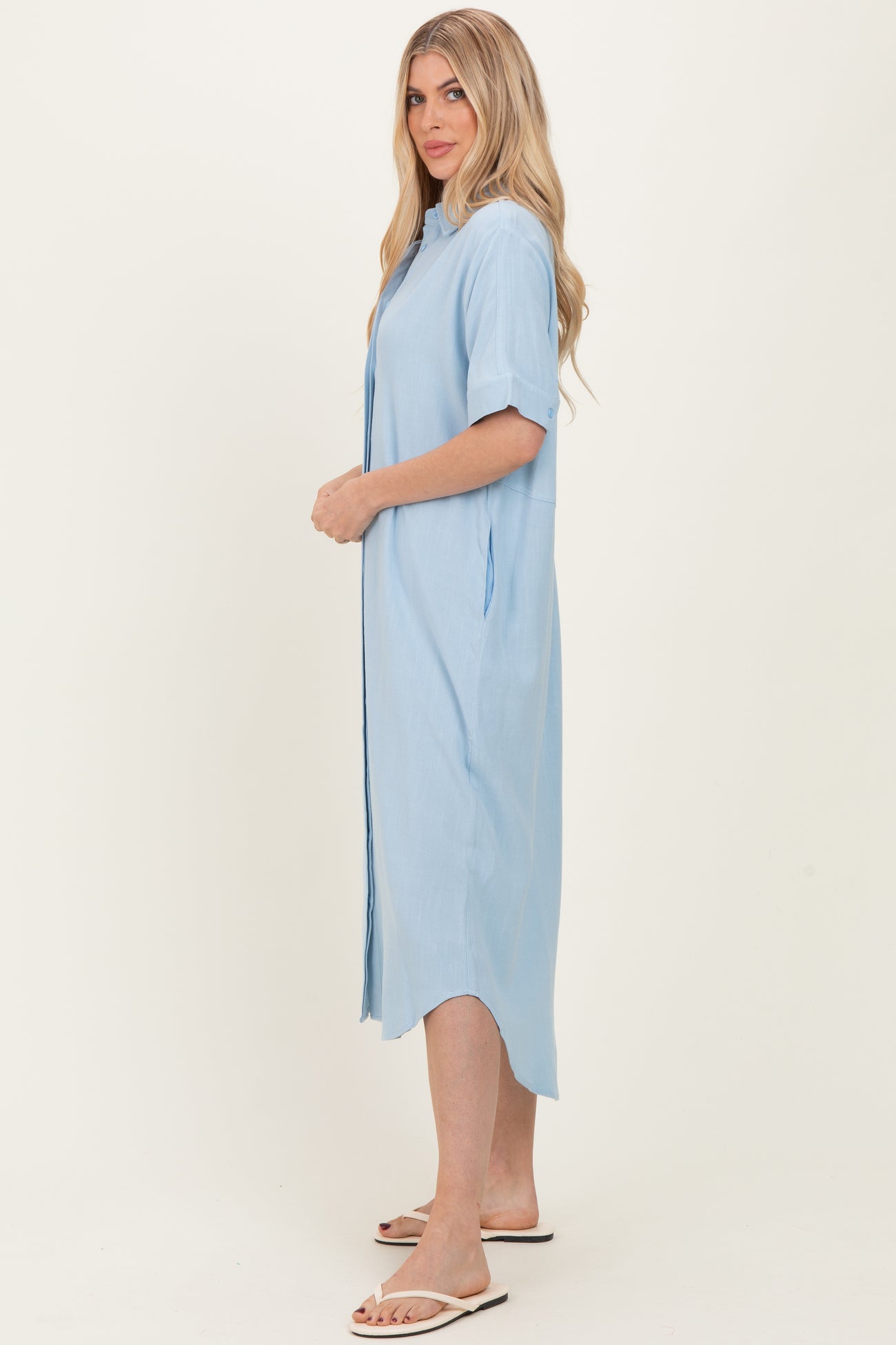 Light Blue Button Down Midi Shirt Dress