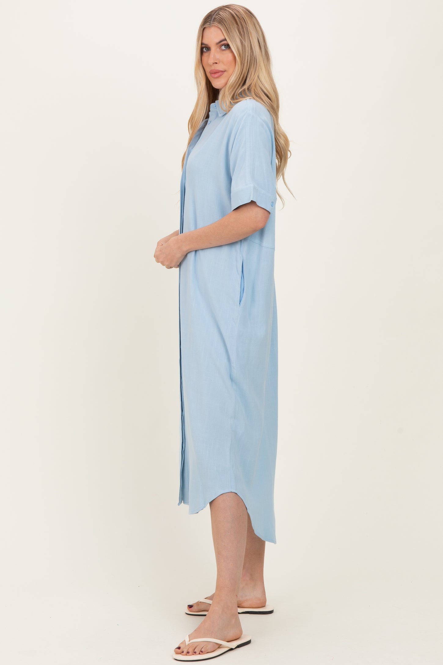 Light Blue Button Down Midi Shirt Dress