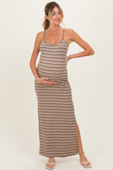 Taupe Striped Ribbed Sleeveless Side Slit Maternity Maxi Dress