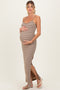 Taupe Striped Ribbed Sleeveless Side Slit Maternity Maxi Dress