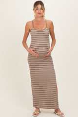 Taupe Striped Ribbed Sleeveless Side Slit Maternity Maxi Dress