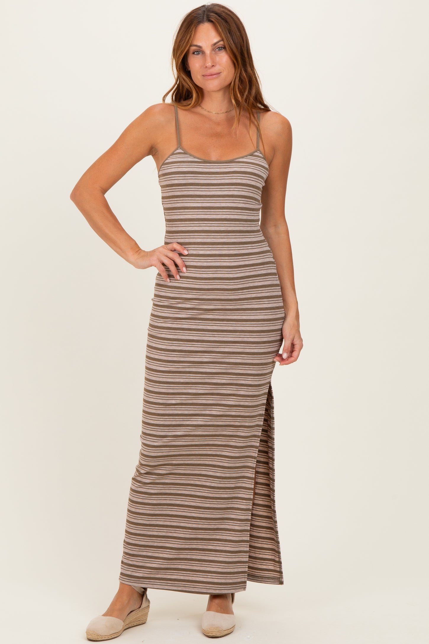 Taupe Striped Ribbed Sleeveless Side Slit Maternity Maxi Dress