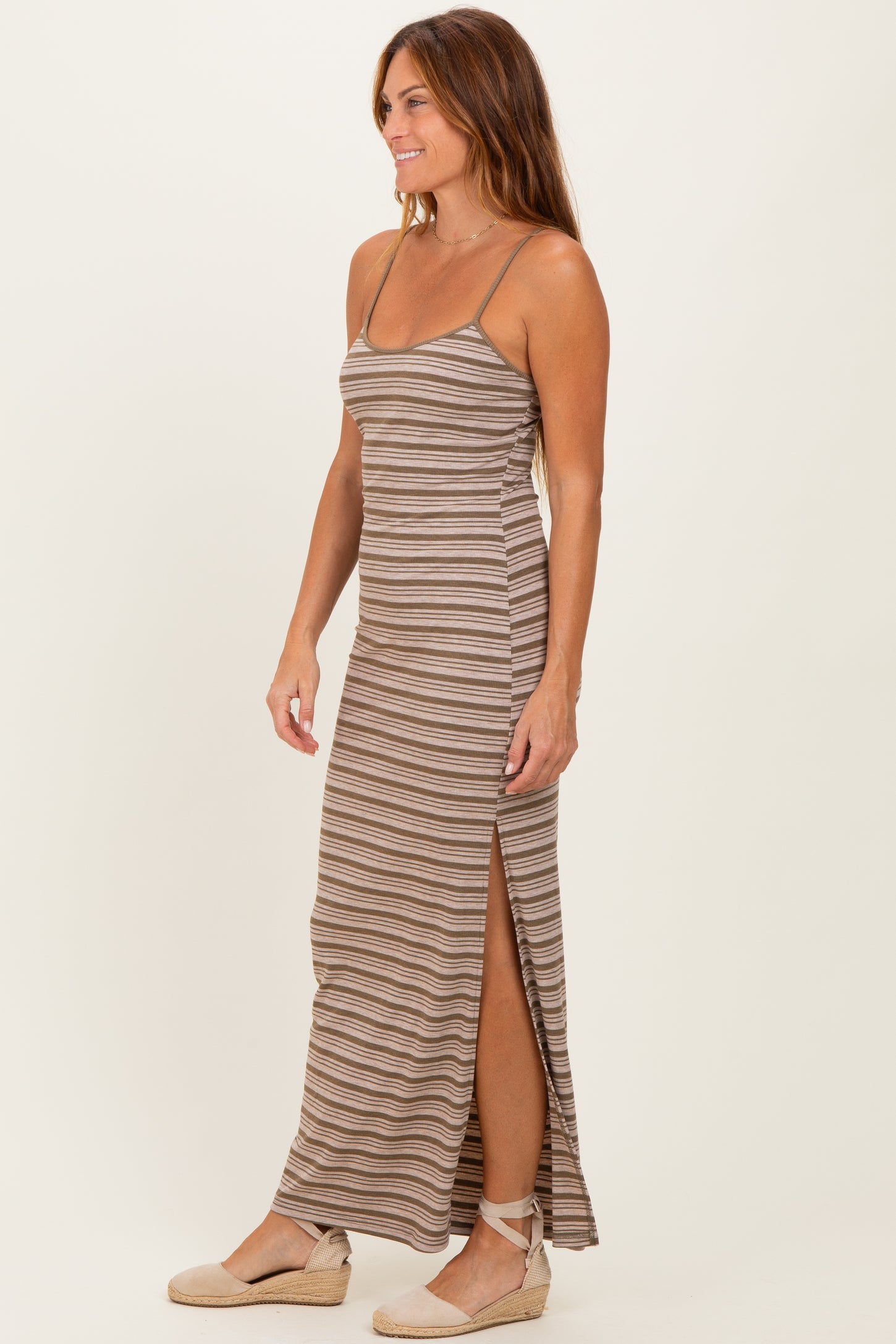 Taupe Striped Ribbed Sleeveless Side Slit Maxi Dress