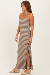 Taupe Striped Ribbed Sleeveless Side Slit Maxi Dress