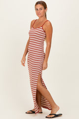 Red Striped Ribbed Sleeveless Side Slit Maxi Dress