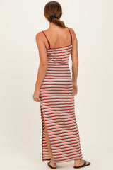 Red Striped Ribbed Sleeveless Side Slit Maxi Dress