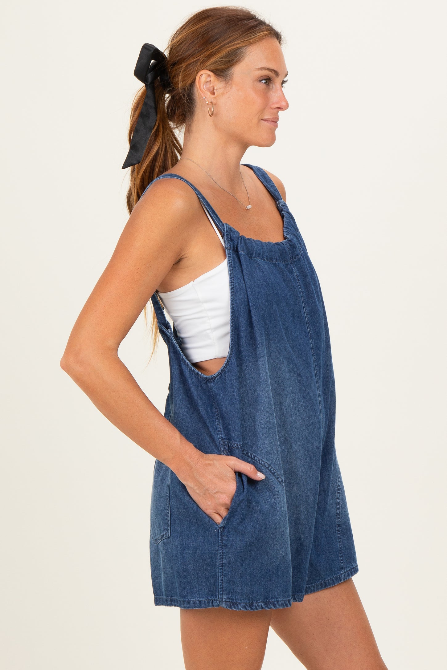 Navy Low Tie Back Denim Shortall