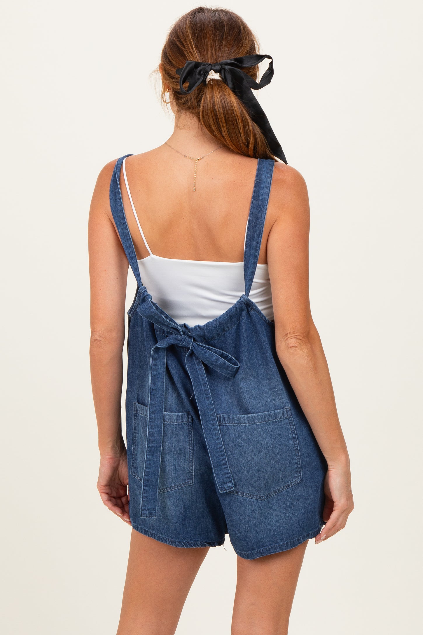 Navy Low Tie Back Denim Shortall
