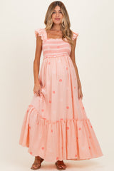 Peach Floral Embroidered Smocked Maternity Maxi Dress