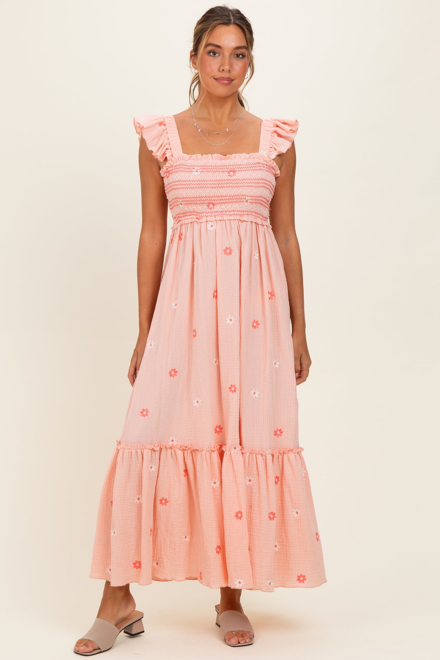 Peach Floral Embroidered Smocked Maternity Maxi Dress
