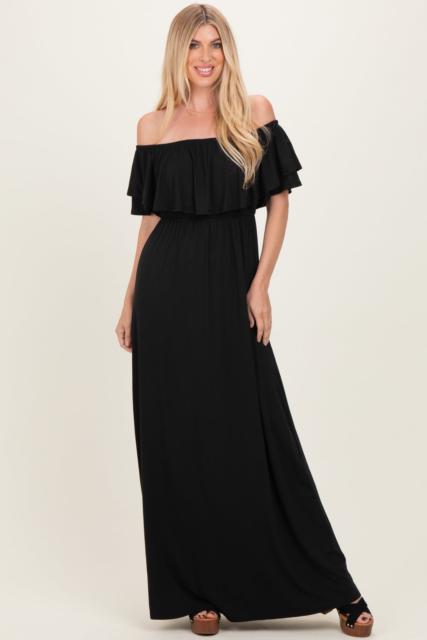Black Ruffle Off Shoulder Maxi Dress
