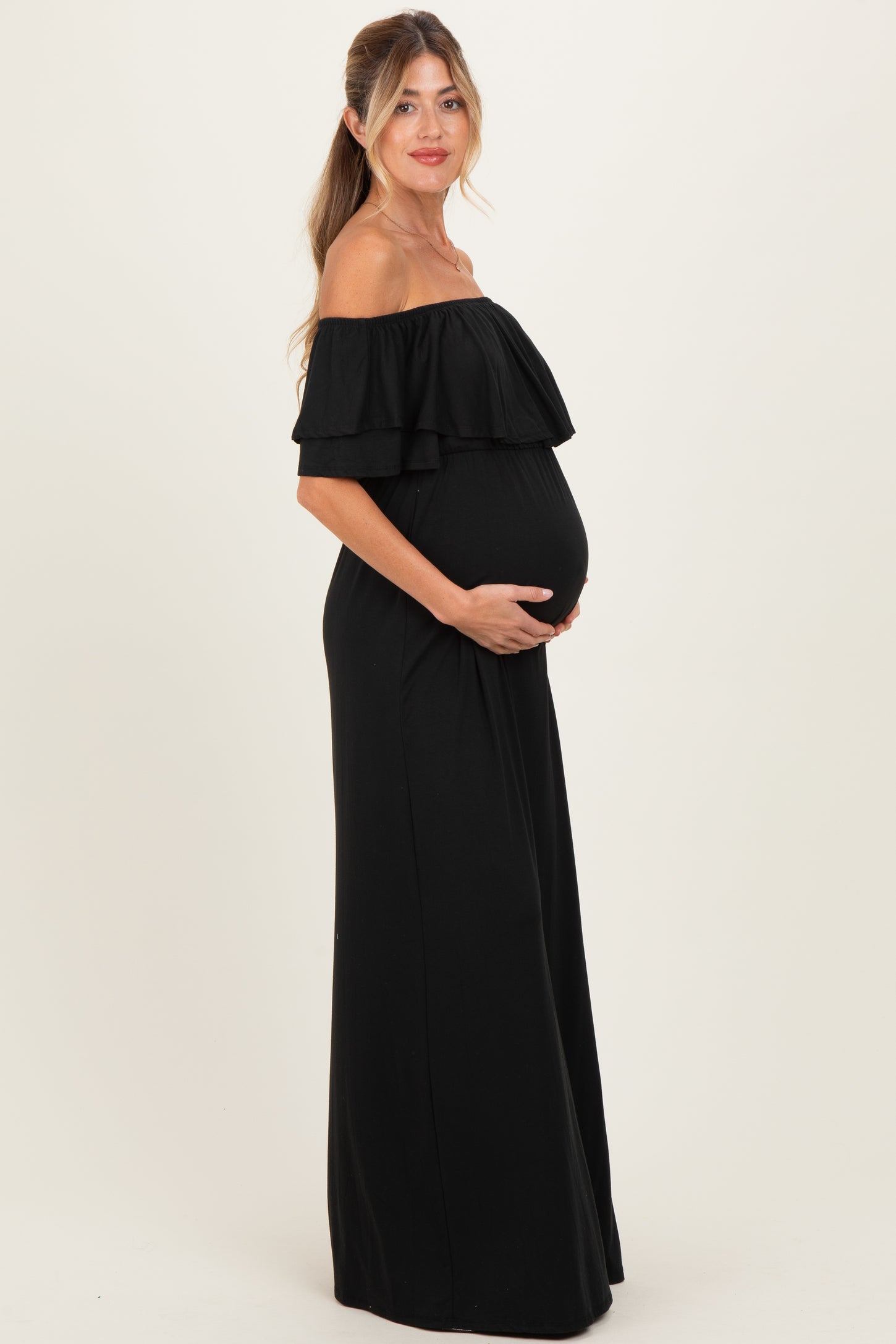 Black Ruffle Off Shoulder Maternity Maxi Dress