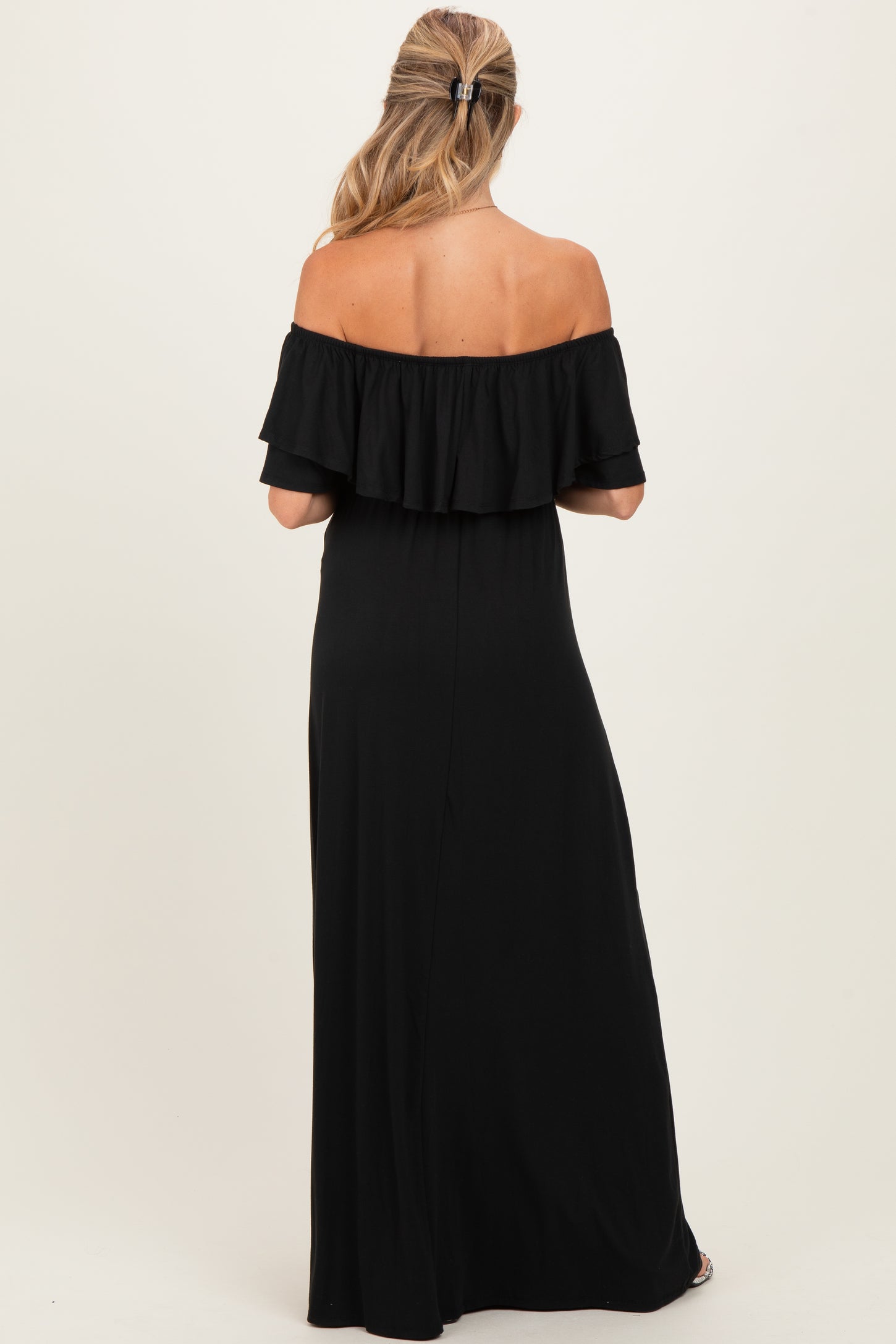 Black Ruffle Off Shoulder Maternity Maxi Dress