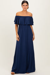 Navy Ruffle Off Shoulder Maternity Maxi Dress