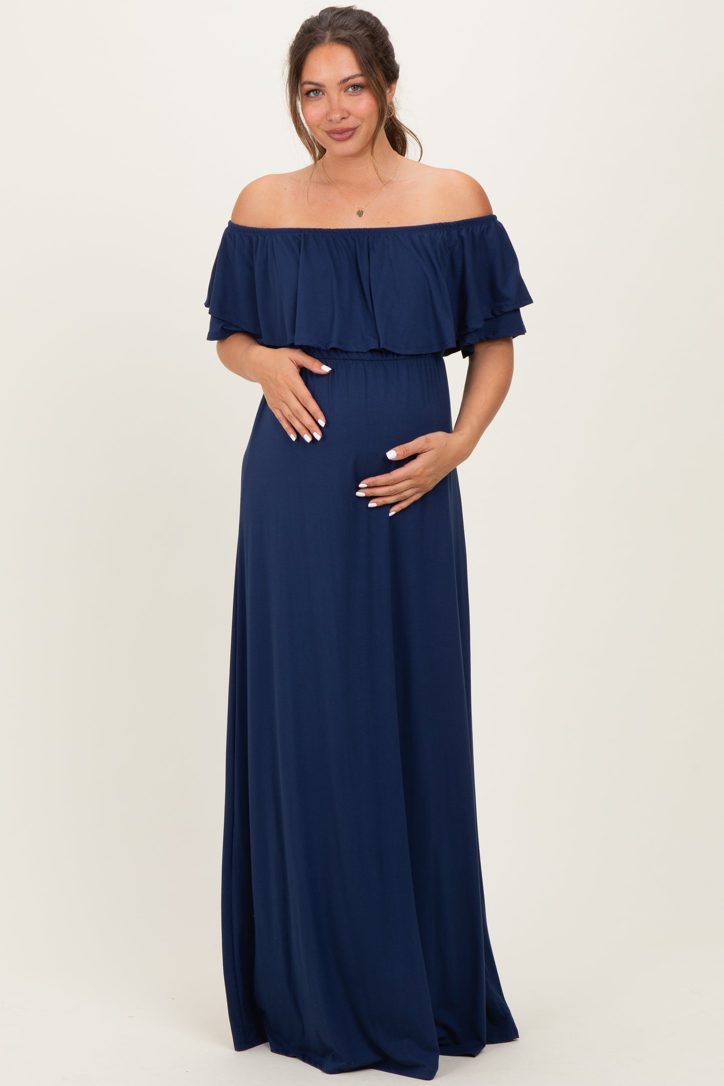 Navy Ruffle Off Shoulder Maternity Maxi Dress