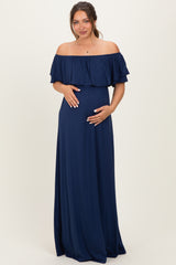 Navy Ruffle Off Shoulder Maternity Maxi Dress