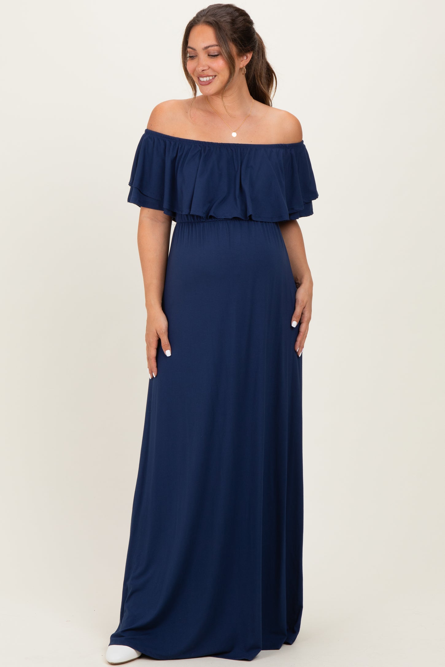 Navy Ruffle Off Shoulder Maternity Maxi Dress