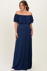 Navy Ruffle Off Shoulder Maternity Maxi Dress