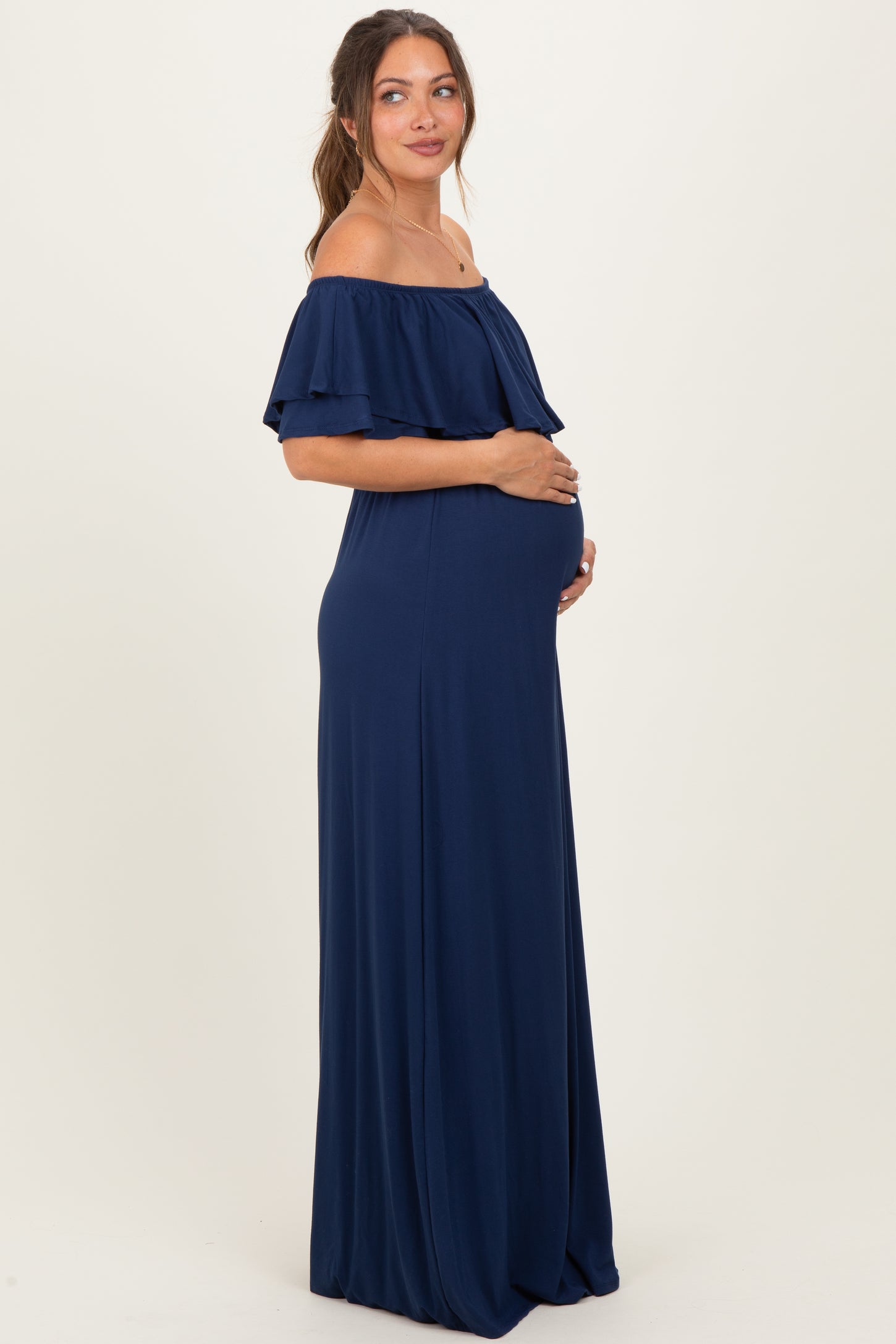 Navy Ruffle Off Shoulder Maternity Maxi Dress