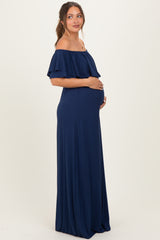 Navy Ruffle Off Shoulder Maternity Maxi Dress