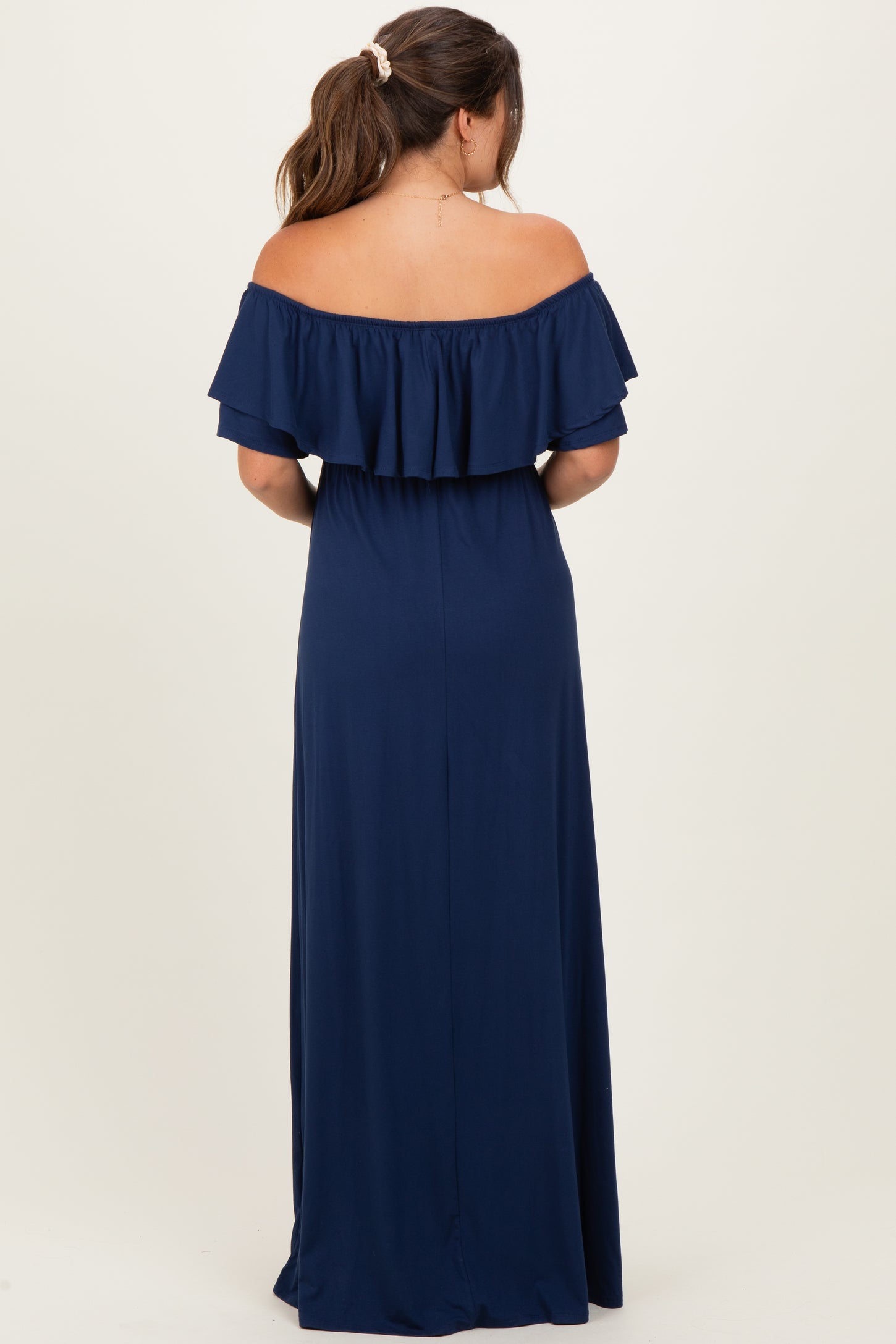 Navy Ruffle Off Shoulder Maternity Maxi Dress