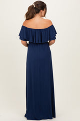 Navy Ruffle Off Shoulder Maternity Maxi Dress
