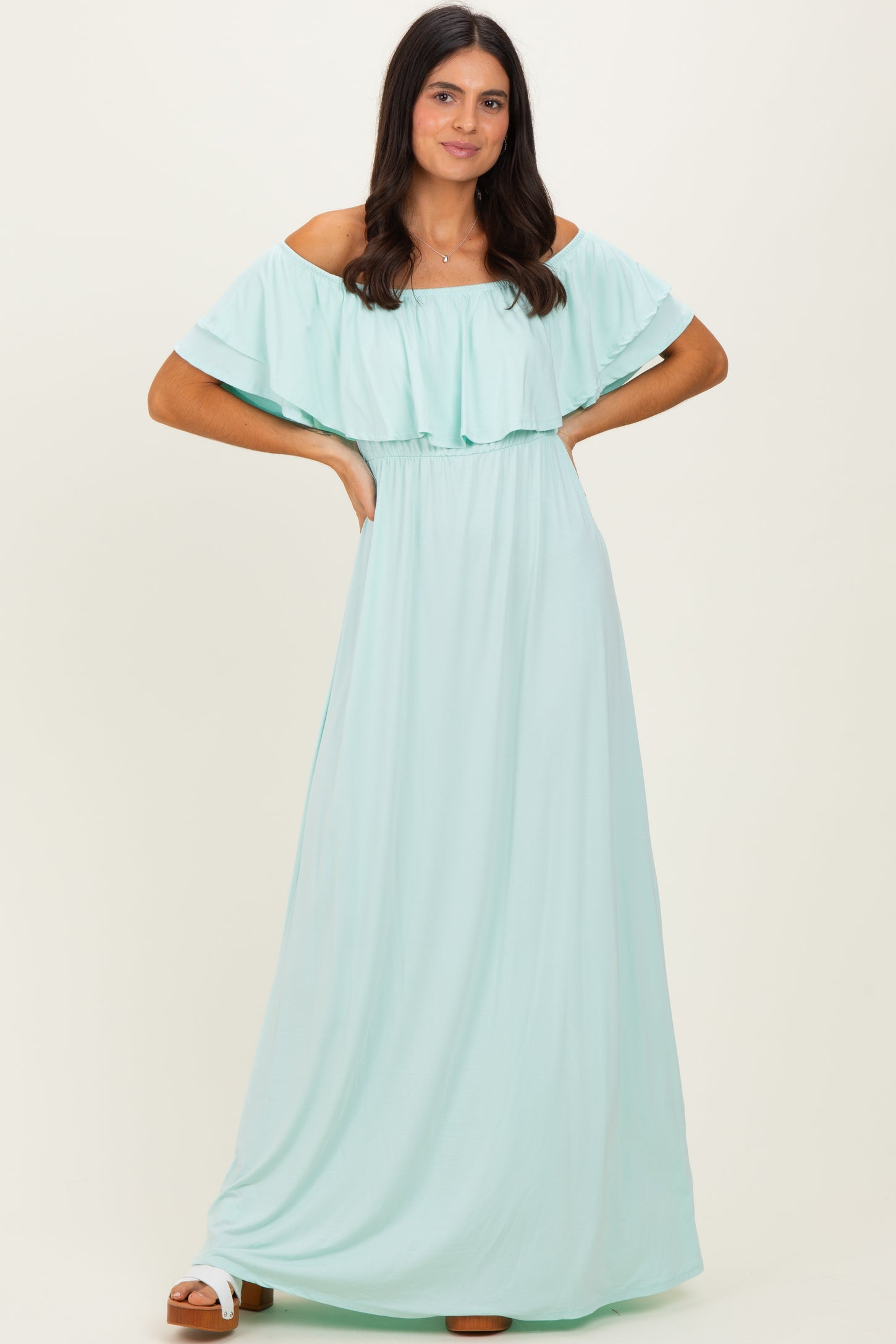 Mint Ruffle Off Shoulder Maxi Dress