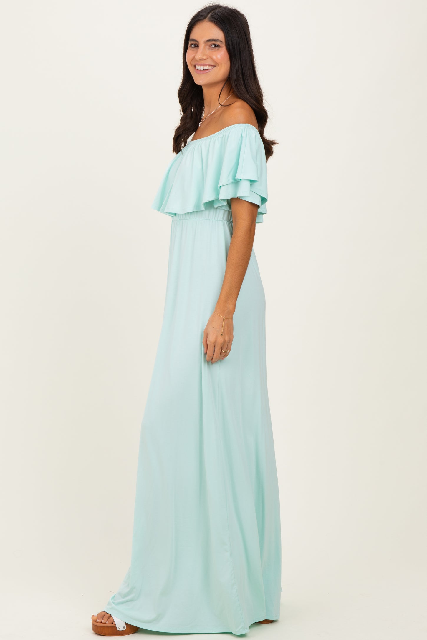 Mint Ruffle Off Shoulder Maxi Dress