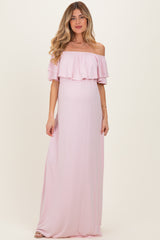 Light Pink Ruffle Off Shoulder Maternity Maxi Dress