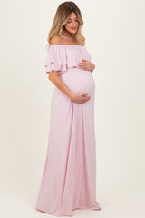 Light Pink Ruffle Off Shoulder Maternity Maxi Dress