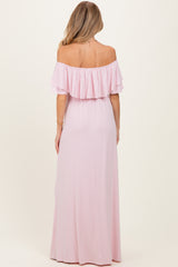 Light Pink Ruffle Off Shoulder Maternity Maxi Dress