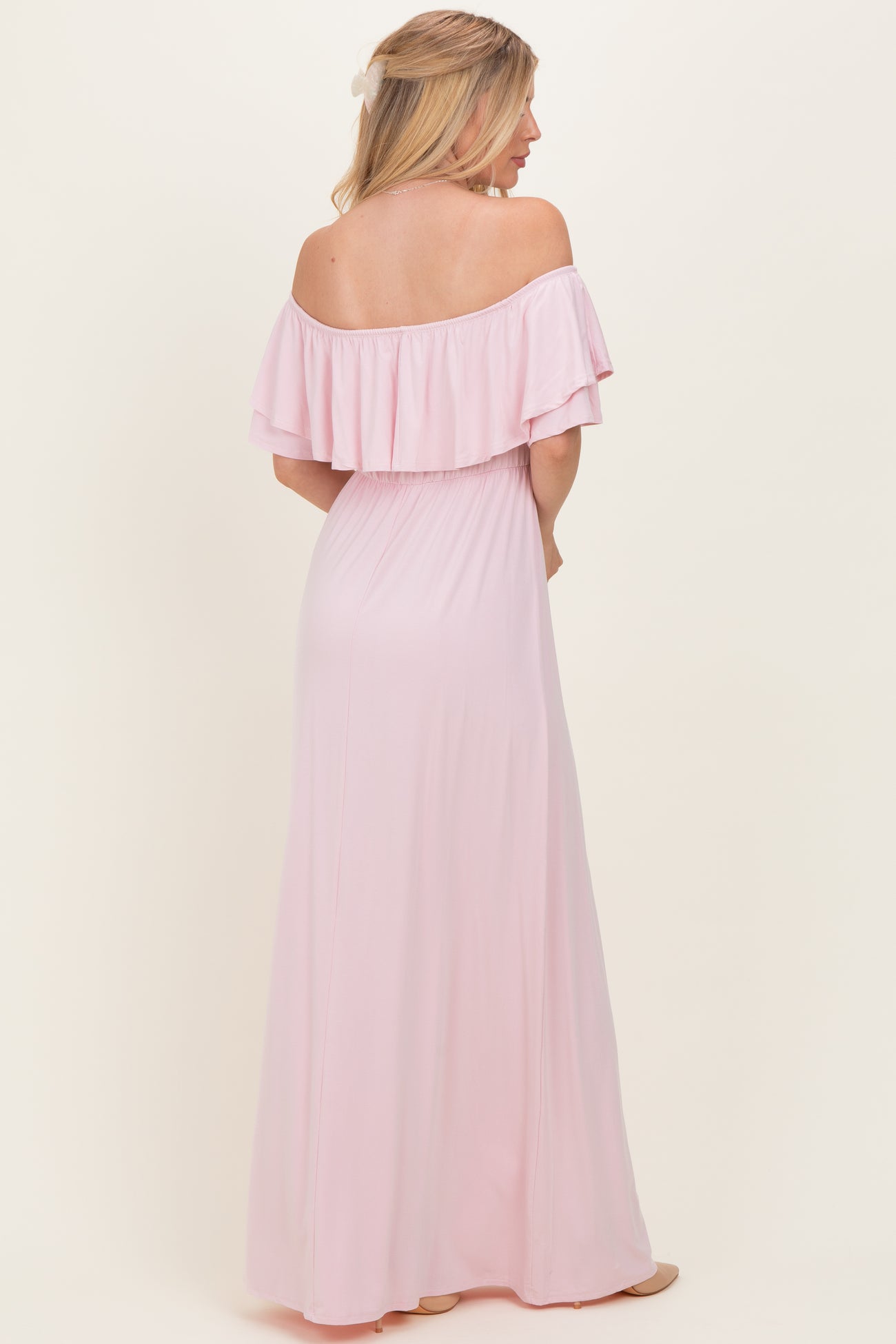 Light Pink Ruffle Off Shoulder Maxi Dress