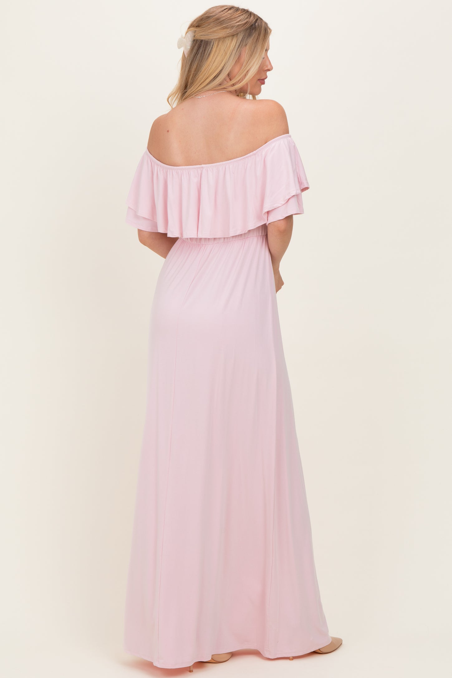 Light Pink Ruffle Off Shoulder Maxi Dress