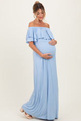 Light Blue Ruffle Off Shoulder Maternity Maxi Dress