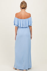 Light Blue Ruffle Off Shoulder Maternity Maxi Dress