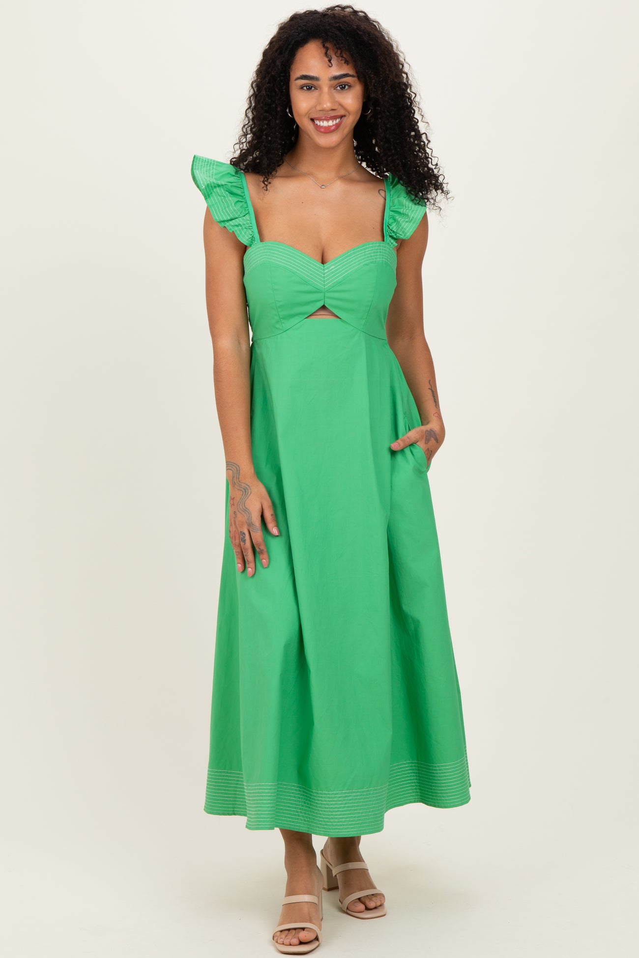 Green Cutout Seam Detail Maternity Midi Dress