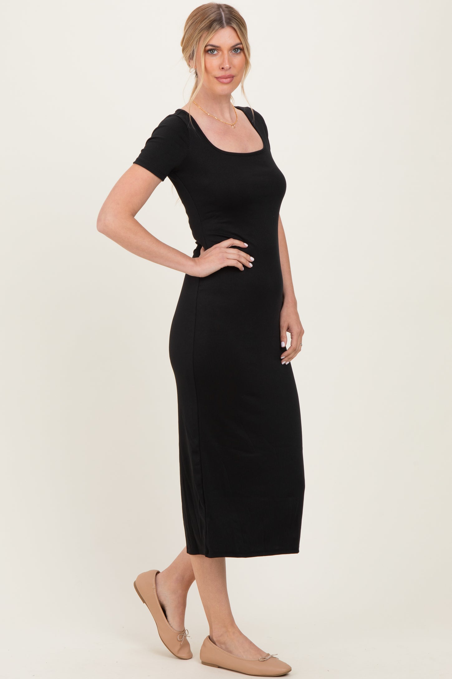 Black Ribbed Fitted Midi Dress