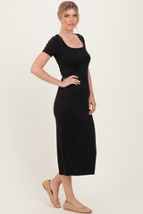 Black Ribbed Fitted Midi Dress